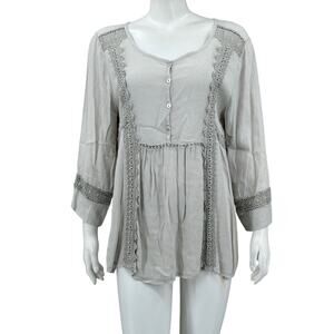 Le Marais Paris Top Womens Large Gray Crochet Lace Popover‎ Italian Sheer Boho